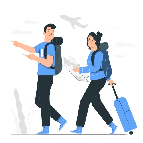Couple travelers with backpacks and luggage planning their vacation journey